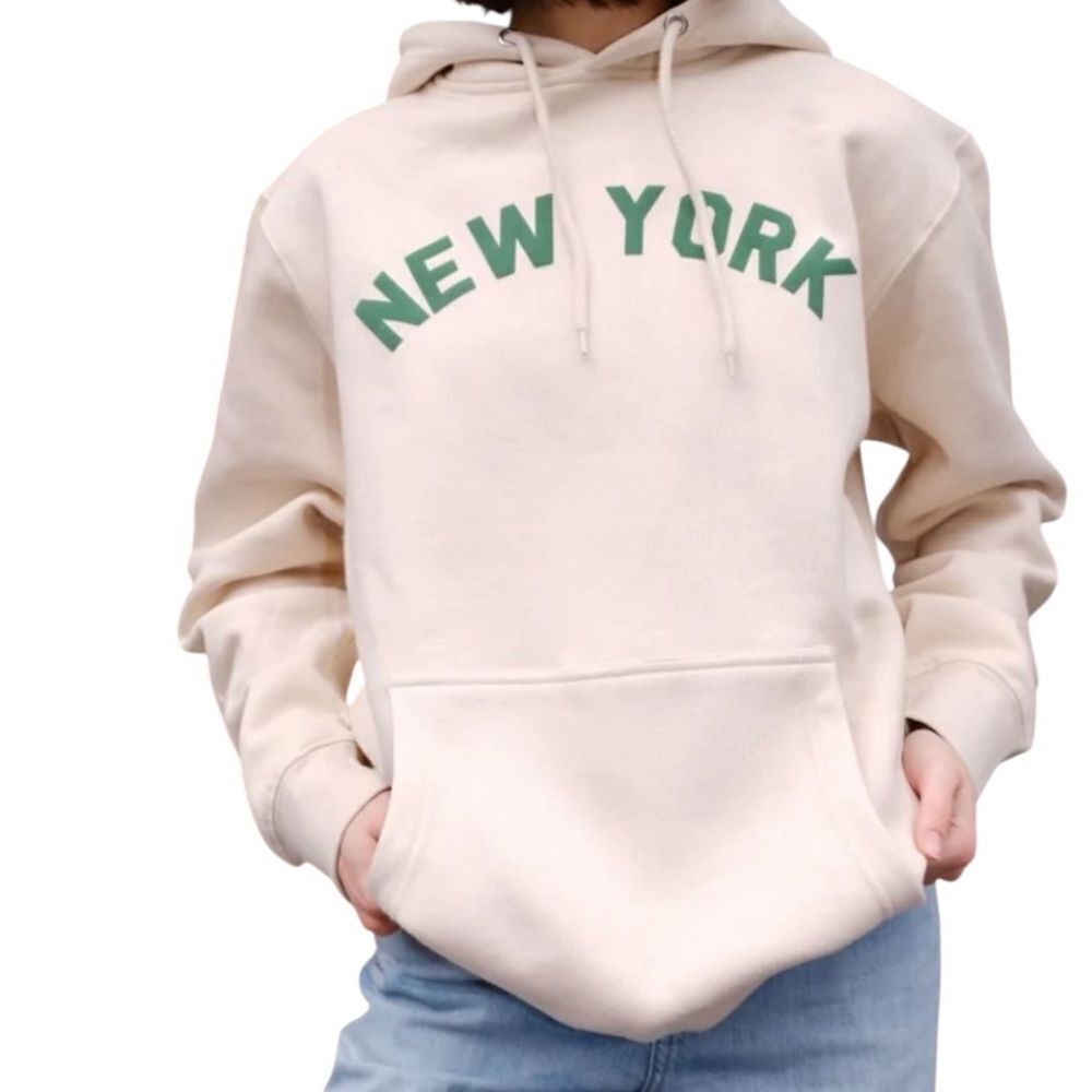 Mure + Grand New York puff Cream Hoodie with Green Print. Size Small.